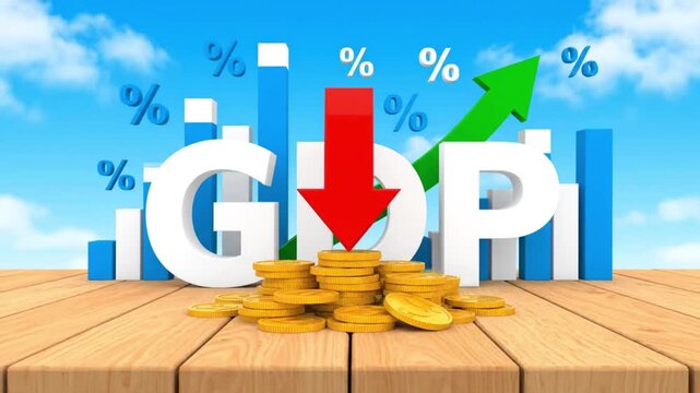 GDP decline concept with red arrow and gold coins on wooden table