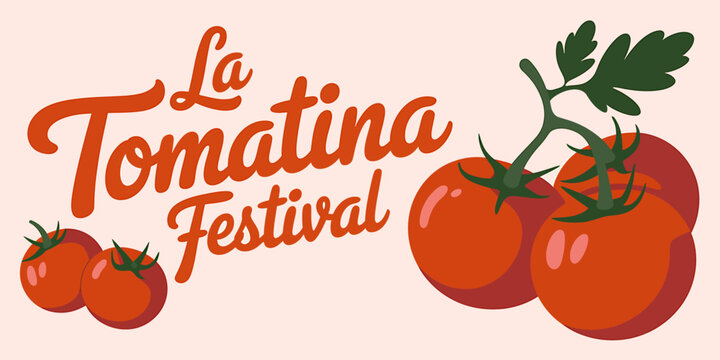 La Tomatina Festival tomatoes on vine with green leaves on peach background