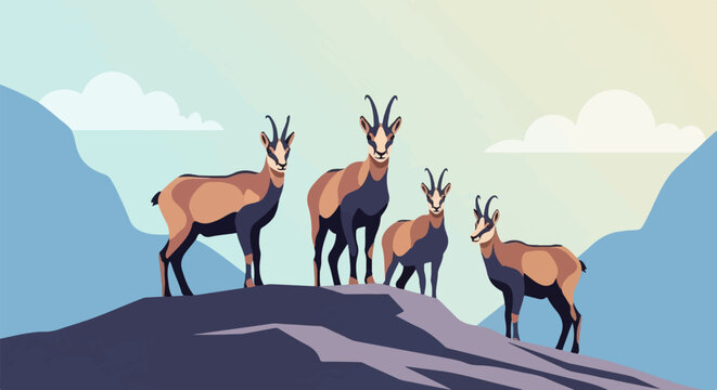 Four chamois graze on a rocky mountain peak under a pastel sky