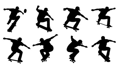 Flat Skateboard Player Silhouette Icon Set Vector Black on White © MstRuna