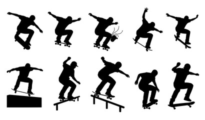 Skateboard Player Silhouette Vector Set Black on White Background © MstRuna