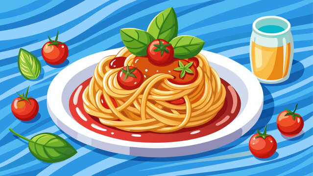Cartoon vector of a plate of spaghetti pasta with tomato sauce and herbs in clean flat food illustration style