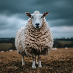 White fluffy sheep standing on grassy field under cloudy sky with rural landscape in the background facing forward looking directly at the camera in nature environment