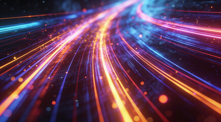 Dynamic abstract image of glowing multicolor light trails with particles on dark background. Vibrant design evokes speed, data flow, and futuristic digital connectivity