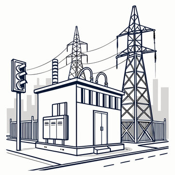 Electric Power Substation in Clean City - Vector Illustration