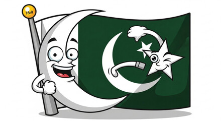 Fototapeta premium Cartoon crescent moon character holding pakistan flag with smiling face and waving green banner