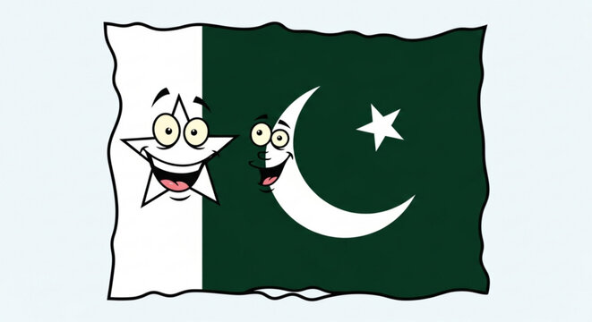 Cartoon pakistani flag with smiling star and crescent moon on green and white background