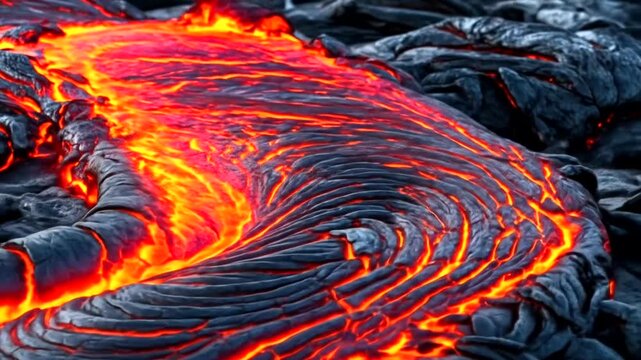Flowing lava creates a mesmerizing pattern on volcanic rock in a dramatic landscape