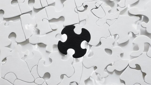 Unique Black Puzzle Piece Contrasting White Puzzle Pieces Background.