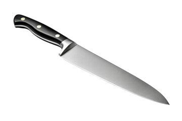 A knife with a black handle and a silver blade. The knife is sharp and has a pointed tip, png