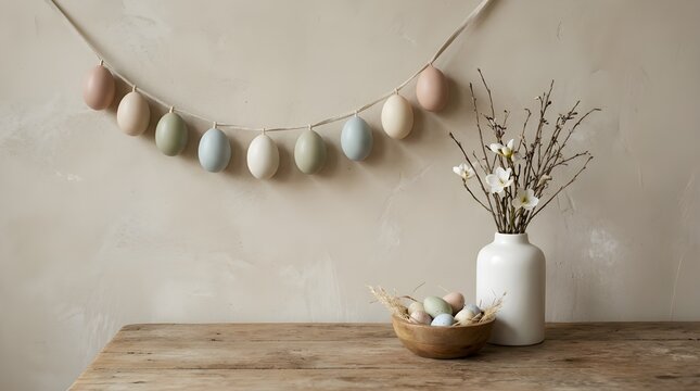 A wooden table with Easter eggs and flowers in a vase