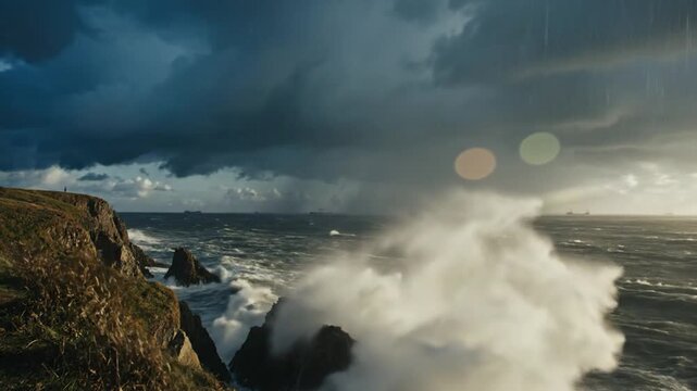 Dramatic seascape with crashing waves against rocky cliffs under a stormy sky and rain with distant cargo ships