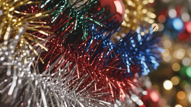 Close up view of festive tinsel decorations and colorful Christmas baubles on a tree, bokeh background.