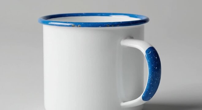 White enamel mug with blue rim on gray background