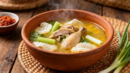 Traditional Indonesian Chicken Soto Soup Served in Clay Bowl