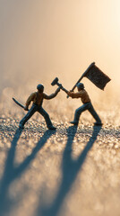 Two miniature toy soldiers engaged in battle on textured surface with warm backlighting casting long shadows creating dramatic and detailed scene with action and tension