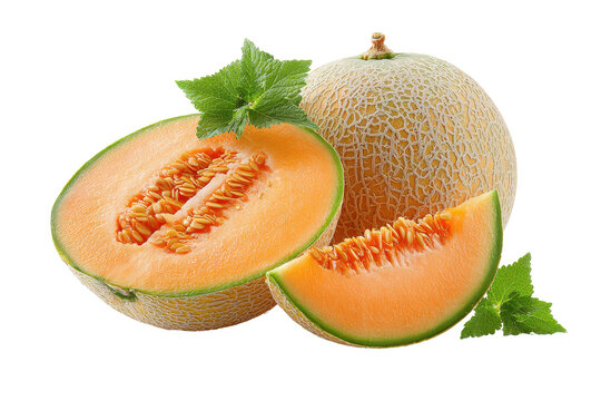 Fresh cantaloupe melon sliced and whole isolated on transparent background. Fresh cantaloupe melon cut in half with slice isolated on white background.