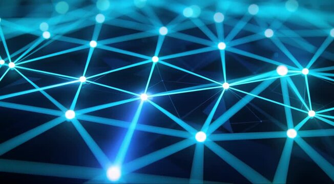 青く発光する幾何学的ネットワークグリッド背景