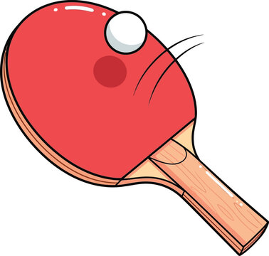 A red table tennis paddle hitting a white ping pong ball in a cartoon illustration style.