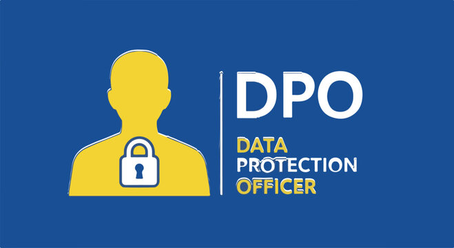 A Data Protection Officer DPO badge with a yellow silhouette and a padlock