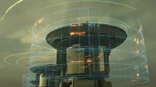 Digital Network Hub: Futuristic structures with overlapping digital interface rings, highlighting advanced communication and data processing capabilities.