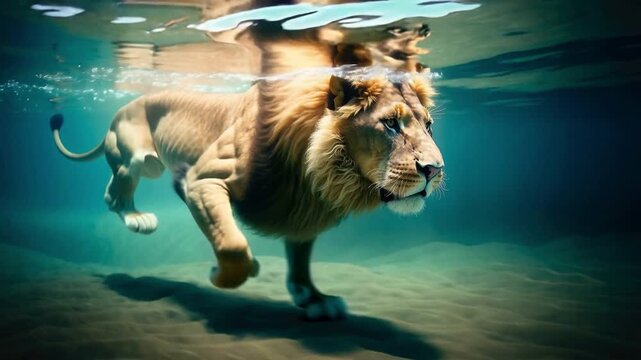 Lion swimming underwater. 4K.