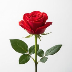 Naklejka premium Red rose flower blooming with green leaves vector illustration flat design