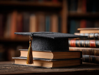 Black graduation cap with tassel placed on two thick hardcover books wooden table library background old stacked books vintage academic celebration concept