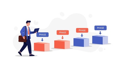 Business Man Walking Through Project Phases with Laptop and Briefcase