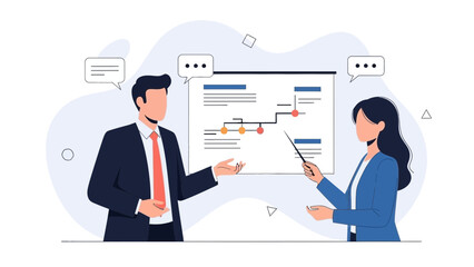 Fototapeta premium Business meeting: man and woman presenting project plan on whiteboard
