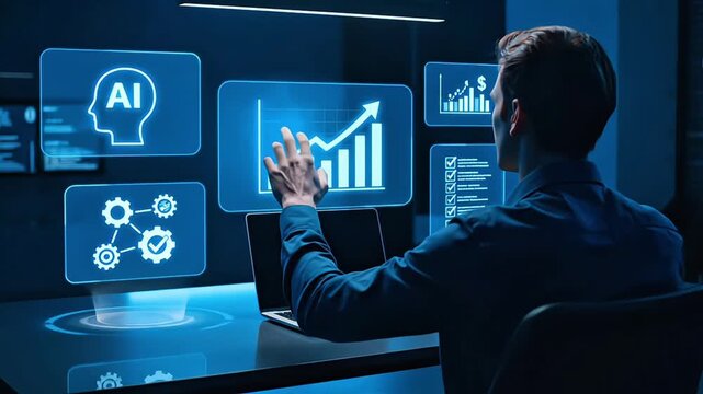 Businessman engaged with AI-driven data visualization on a futuristic interface, symbolizing innovation and growth