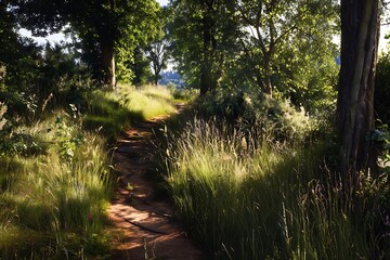 grassy path leading through forest