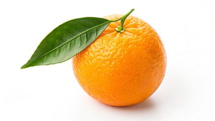 Vibrant Ripe Orange with Fresh Green Leaf on White Background