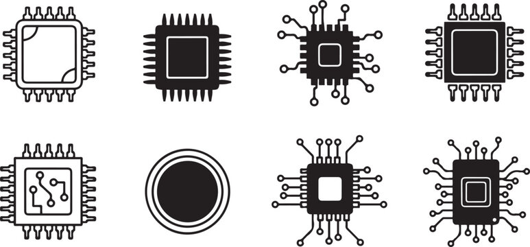 Black and white computer chip with various microchip circuit board electronics technology