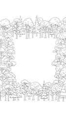 Obraz premium Intricate forest border frame illustration featuring trees and open central space for design projects.