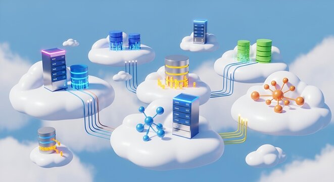 A playful 3D isometric visualization of cloud computing featuring stylized servers and database icons floating on clouds