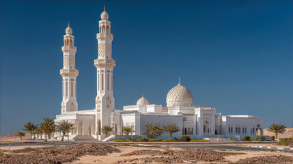 White mosque with two tall minarets and large dome surrounded by desert landscape clear blue sky and palm trees under bright sunlight