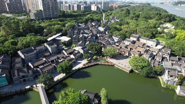Guangzhou Lingnan Garden Aerial View with River and Cityscape
