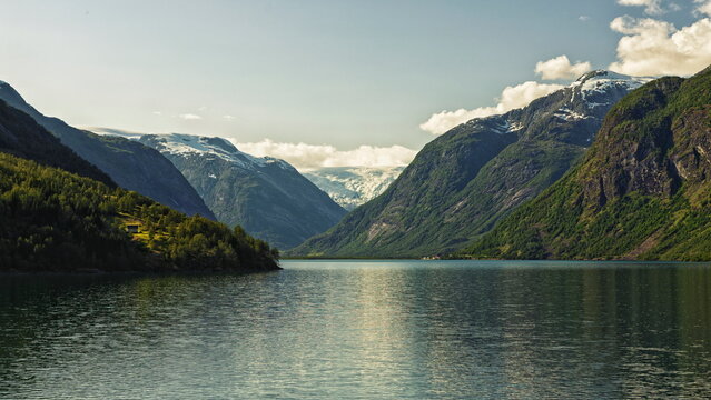 Panoramic View of Veitastrondsvatnet Lake in Austerdalen Valley, Norway