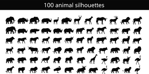 Mega set of one hundred black vector silhouettes featuring diverse wild animals like elephants lions and giraffes for nature branding, © Mehedi