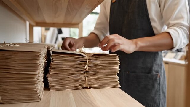 Video shows stacking and tying bundles of paper in a factory.