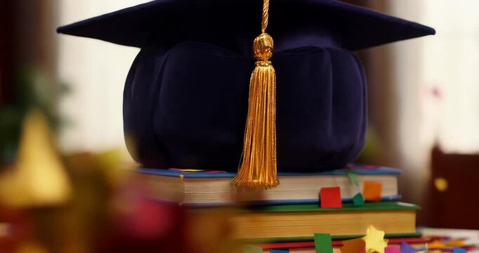 Graduation cap on stack of colorful books with confetti
