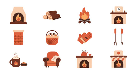 Cozy Fireplace Elements Winter Warmth Icons.