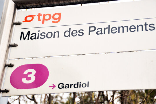 Geneva, Switzerland, Europe : Bus stop at The House of Parliaments, La Maison des Parlements, Inter-Parliamentary Union, Villa Gardiol, Grand-Saconnex, Chemin du Pommier, line number 3