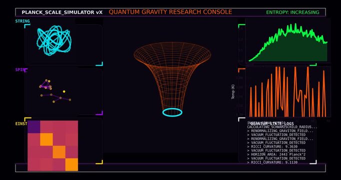 Abstract Quantum Physics Visualization Showing Spacetime Curvature, Entropy Growth, Energy Fields and Scientific Data Analysis in a Futuristic Research Interface Animation