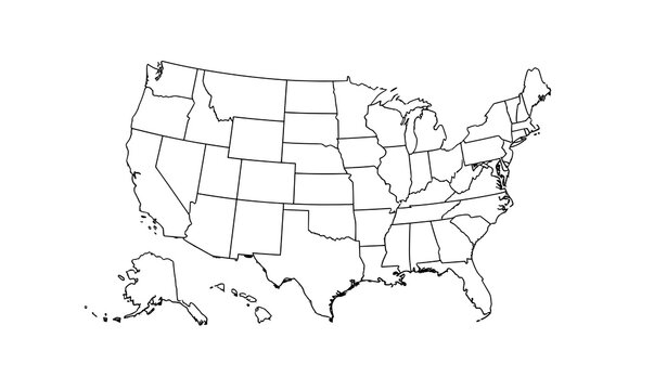 Vector map of the 48 continental USA states with raised 3D effect and clipping-path separation
