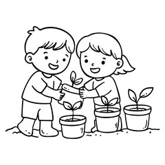 children handed seedlings to each other.