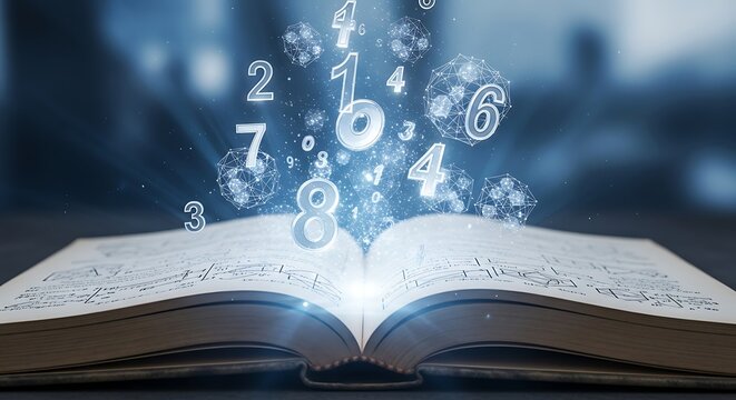 An open book with numbers and glowing particles emerging from its pages, symbolizing the concept of knowledge and discovery in education and learning