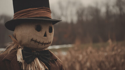 Scarecrow with burlap sack face and stitched mouth wearing a tall black top hat and bow tie standing in a field with blurred dry vegetation and leafless trees in background
