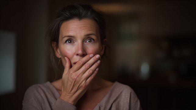 Shocked woman covering mouth with hand expressing surprise face